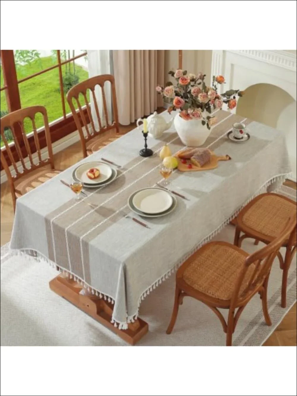 Linen-Textured Spill-Resistant Rectangular Tablecloth Farmhouse Tassel
